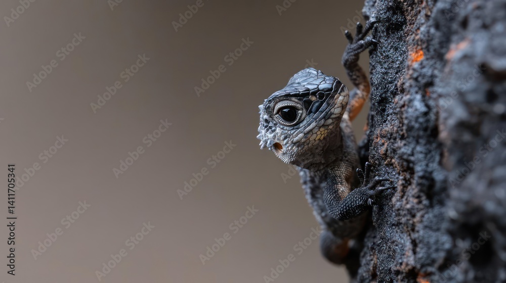 Aufkleber close up of a lizard climbing a tree trunk. the lizard is brown and has a spiky head with black eyes