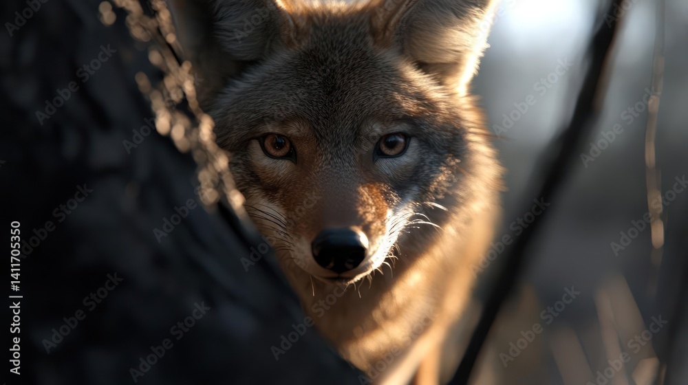 Poster close up shot of a wild coyote with a dark brown and tan coat against a blurred forest background, c