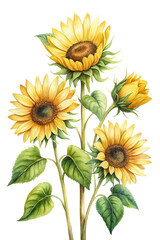 Watercolor painting of a bunch of sunflowers with leaves and stem details