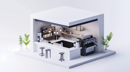 aesthetic cafe room with clean coffee machine, white background