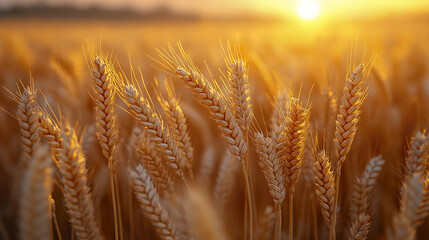 Fototapeta premium Golden wheat ears sway gently in warm sunset light