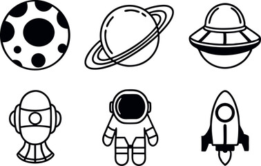 Various celestial icons including planets and an astronaut explored in a minimalist design
