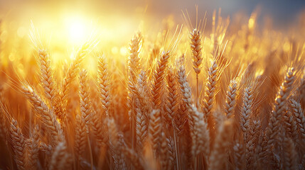 Golden wheat ears sway gently in warm sunlight