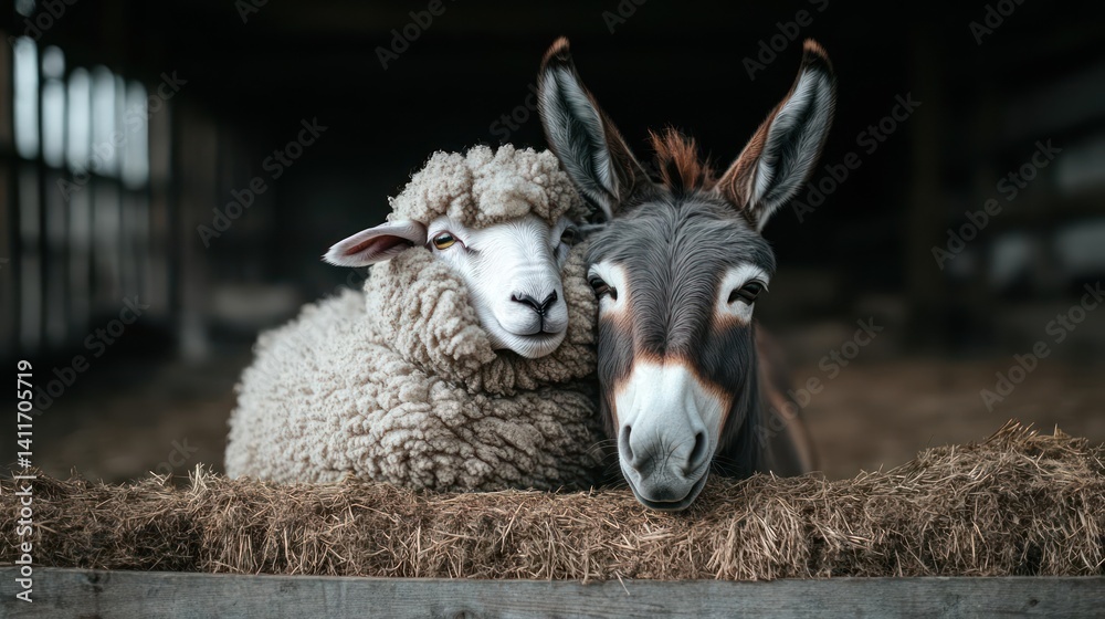 Poster a close-up shot captures a fluffy white sheep and a gray donkey huddled together on top of hay, set 