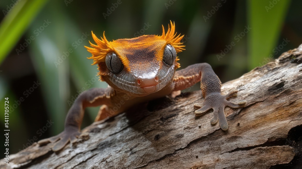Poster close up on a crested gecko perched on a branch. the gecko features an orange head with prominent cr