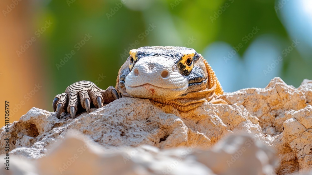 Poster a close up view captures a komodo dragon perched atop light brown rock, set against a blurred backgr