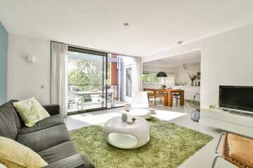 A stylish and contemporary living room featuring a cozy sofa, a green rug, and large windows that let in natural light, creating a welcoming atmosphere.