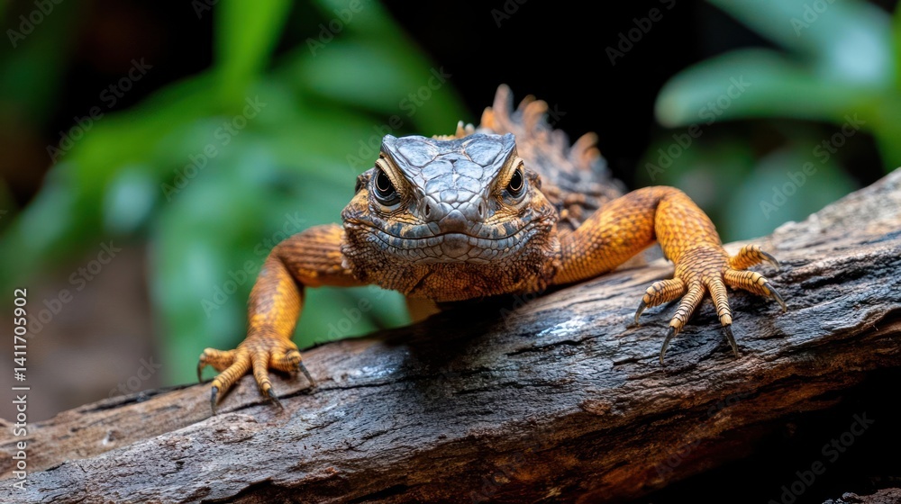 Poster close up studio shot of an orange crocodile skink resting on a log. the lizard has a black head and 