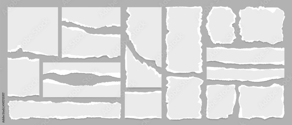 Fototapete ripped newspaper strip, white torn paper sheet, grunge notebook page and sticky note in a big set wi