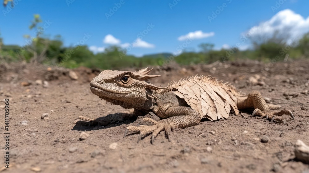 Poster close up view of a brown spiny lizard laying on the ground on a sunny day. the lizard is detailed wi