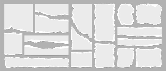 Ripped newspaper strip, white torn paper sheet, grunge notebook page and sticky note in a big set with uneven edge and realistic shadow forming a retro texture background and text message banner. Art.