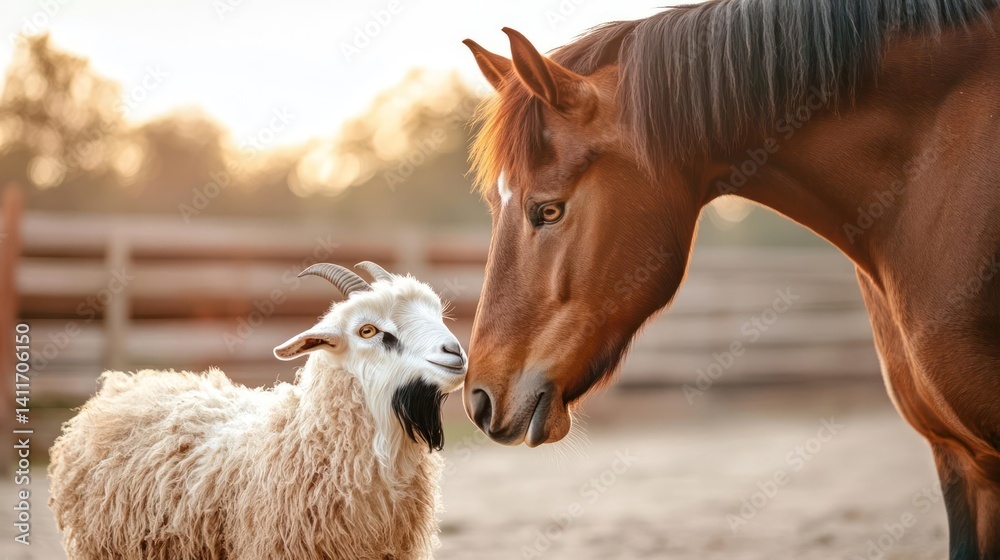 Aufkleber a heartwarming view features a brown horse and a white sheep together under a sunny sky, with blurre