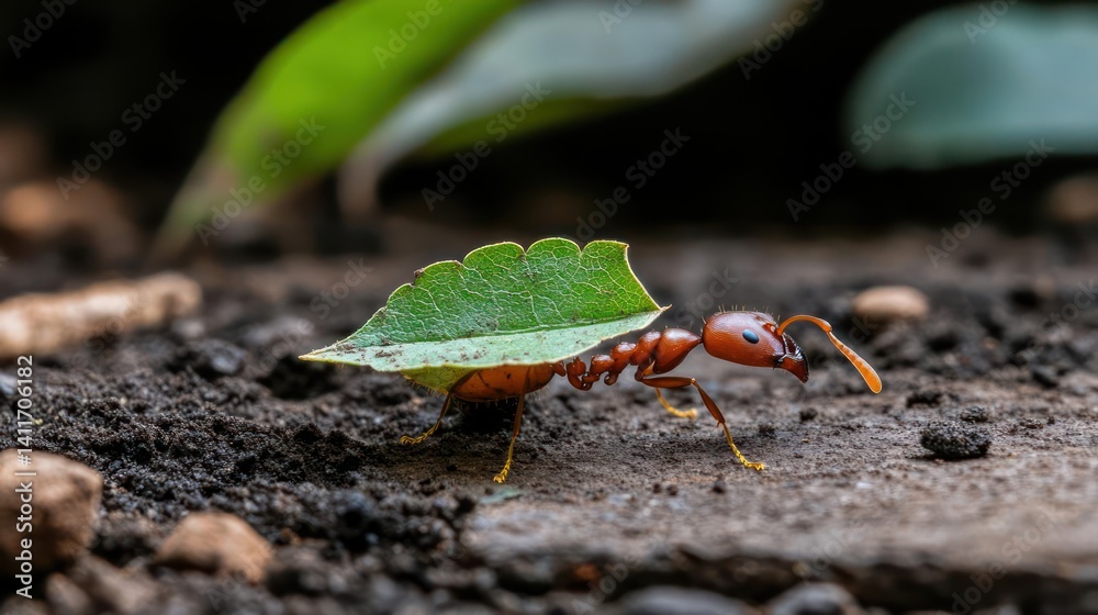 Poster close-up shot of a red leafcutter ant carrying a green leaf across a dark soil ground. focus on the 