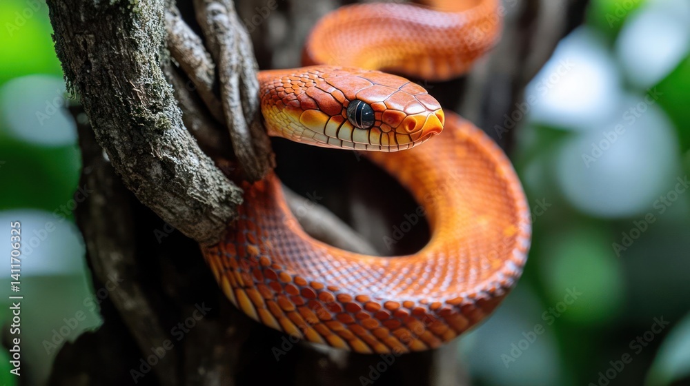 Poster a vibrant orange snake coiled on a mossy tree branch, its scales detailed in a sharp focus against a