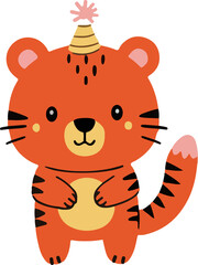 Adorable cartoon tiger wearing a party hat, smiling with rosy cheeks. Perfect for birthday cards, kids’ themes, nursery decor, and festive illustrations. Fun and playful vector character.