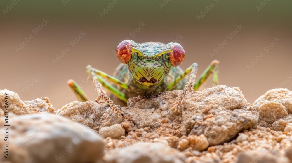 Aufkleber a closeup of a green grasshopper-like insect sits on rocky ground with a blurred background. the ins