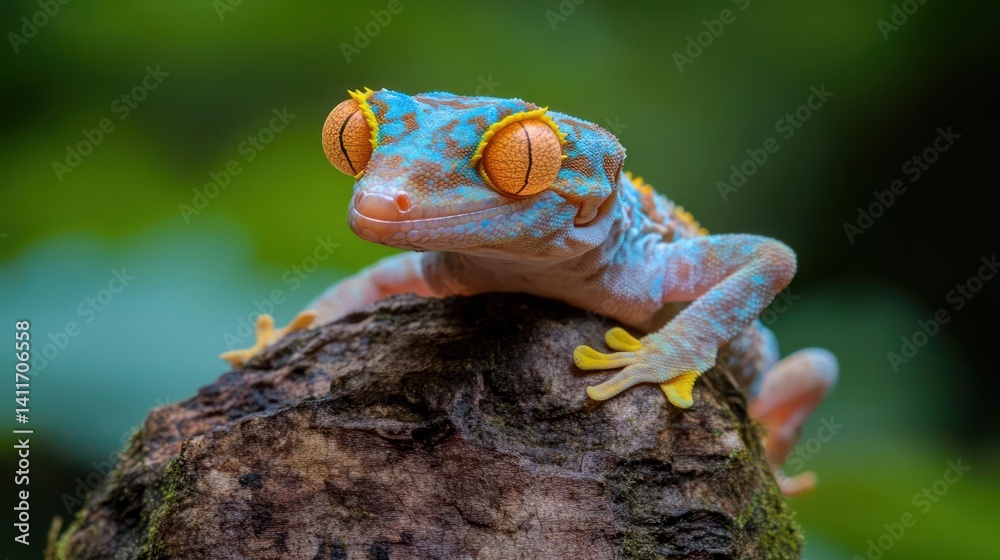 Aufkleber close up studio shot of a crested gecko perched on a mossy log with a green bokeh background. the re