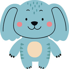 Cute cartoon blue puppy with floppy ears, blush cheeks, and a happy face. Perfect for kids' designs, baby products, and nursery decor. Playful, vector style.