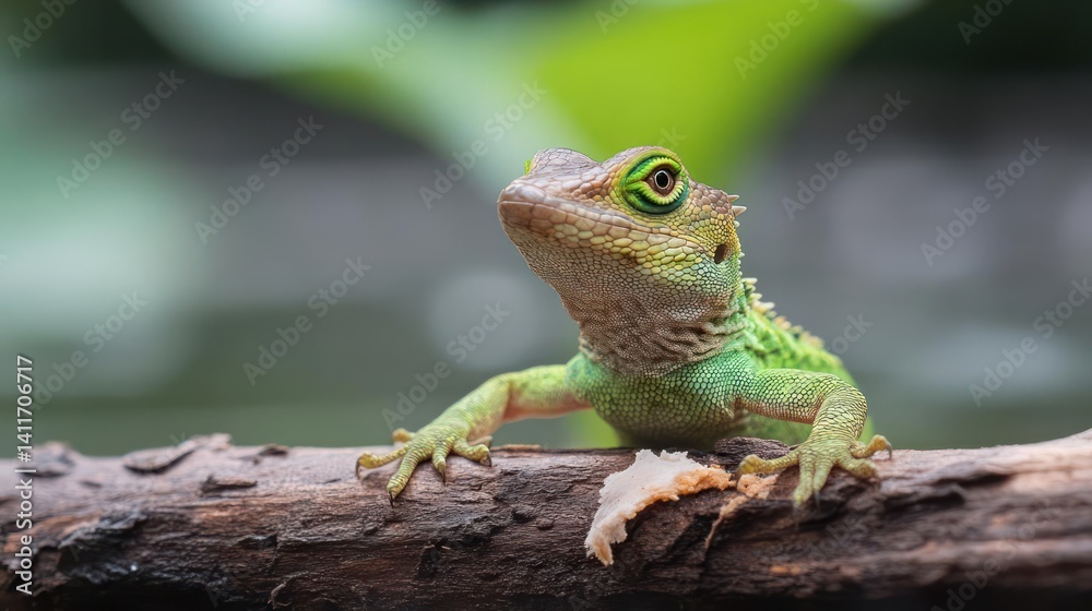 Poster a green lizard perched on a weathered branch, showcases its textured skin. its gaze is directed upwa