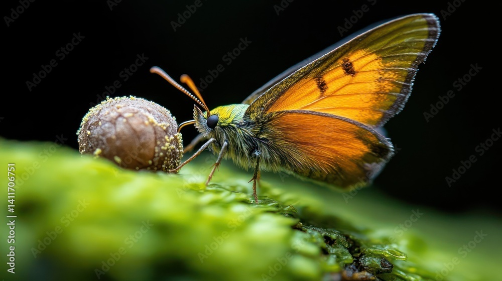 Poster a close-up shot captures a vibrant orange butterfly perched on a moss-covered surface. the butterfly