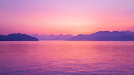 Tranquil Lake Scene with Mountains Bathed in Lavender and Rose Twilight Glow
