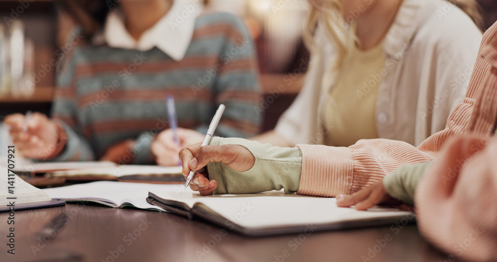 Aufkleber library, writing and hands of people with notebook for journal, learning and knowledge in education.