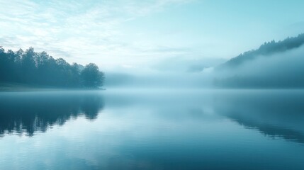 Obraz premium Serene Lake Landscape at Dawn with Soft Mist and Tranquil Waters