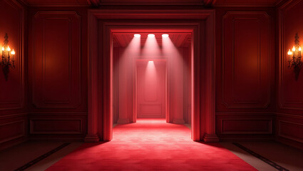 Fototapeta premium Grand Prom Night Entrance: Bold Architecture, Dramatic Lighting & Refined Decor for Unforgettable Arrival Experience - Photo Stock Concept with Empty Space