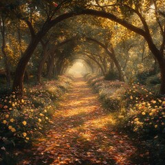 Naklejka premium Enchanting Forest Path with Sunlight, Wildflowers, and Golden Glow