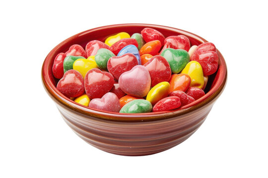 Colorful heart-shaped candies filling a vibrant bowl, creating a cheerful display perfect for celebrations and sharing joy isolated on transparent background
