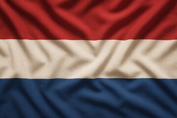 A close-up texture of the flag of the Netherlands featuring horizontal stripes of red, white, and blue.
Concept of: Dutch identity.