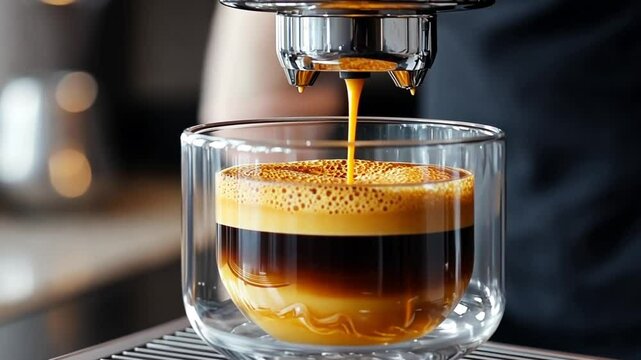 Close-up of espresso being brewed in a glass cup with rich crema, kitchen background