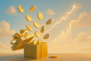  A golden gift box releases coins into the air, symbolizing financial surprise, investment rewards, and upward economic success.