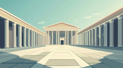 Fototapeta premium Classic colonnaded courtyard facade under a pale sky.