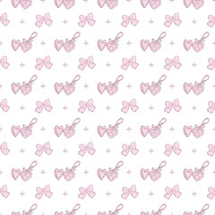 Coquette seamless pattern vintage pink ribbon bow and heart locket necklace