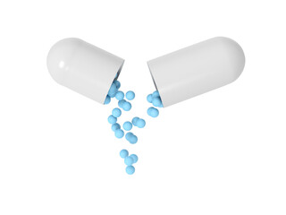 Open pill. Isolated. Capsule. 3d illustration.