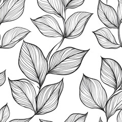 Botanical Elegance: A captivating seamless pattern featuring intricate line art of leaves. Every curve, every vein, is rendered with precision, the leaves creating a visual dance.
