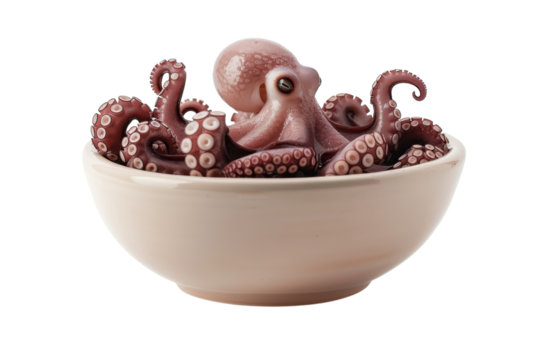 A whimsical octopus playfully nestled among its tentacles in a charming bowl setting, inviting curiosity and delight isolated on transparent background