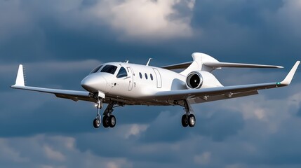 Naklejka premium White jet aircraft landing, dramatic cloudscape background