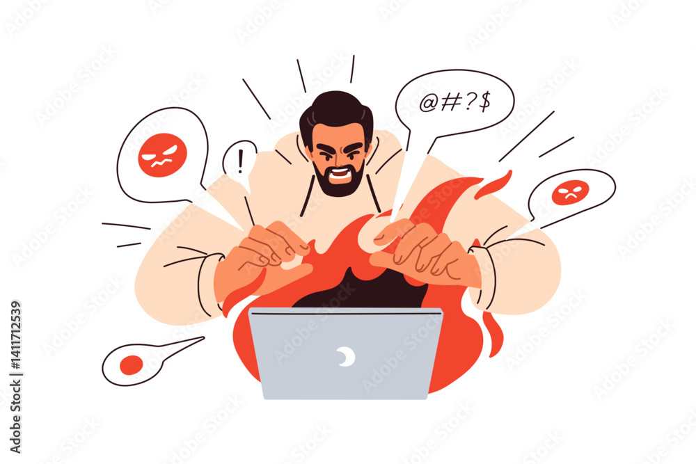 Poster online hate on social media, network. internet angry hater abusing, commenting. cyberbullying concep