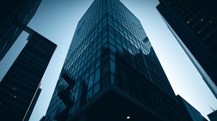 Low angle perspective showcasing an abstract modern glass office building downtown, using contrasting chiaroscuro lighting to create a dramatic effect with strong contrasts and deep shadows.jpg
