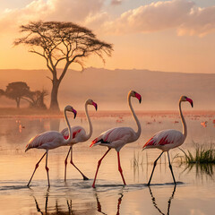Naklejka premium Flamingos in African wetlands, a breathtaking ultra-realistic scene with a group of elegant flamingos standing in the shallow waters, surrounded by lush greenery and a vibrant sunset sky.