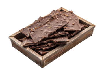 Deliciously crafted chocolate bark served in a rustic wooden tray, showcasing an inviting treat perfect for sharing at any gathering isolated on transparent background