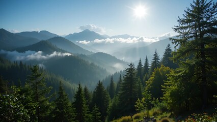 Pemandangan pegunungan tropis saat pagi dengan latar depan hutan berkabut, cahaya keemasan menembus kabut, menciptakan suasana magis dan tenteram.