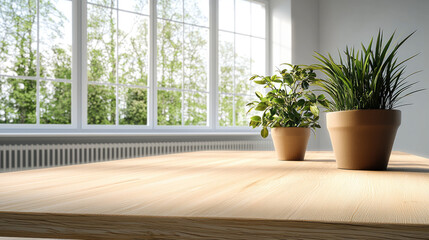 Fototapeta premium bright and airy interior scene featuring light brown wooden table adorned with two potted plants, creating refreshing atmosphere. large windows allow natural light to flood space, enhancing