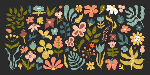 Obraz premium Hand-drawn set of abstract botanical flowers and leaves in earthy retro color palette. Floral doodle clipart for stickers, fabric prints, posters, greeting cards, scrapbooking and digital design.