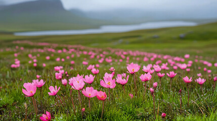 Fototapeta premium Delicate Pink Blossoms in a Lush Meadow
