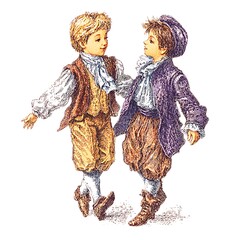 Naklejka premium Two Young Boys in 18th Century Clothing Face Each Other, Antique Illustration.