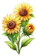 Naklejka premium Watercolor Painting of Three Sunflowers with Vibrant Yellow Petals and Green Leaves