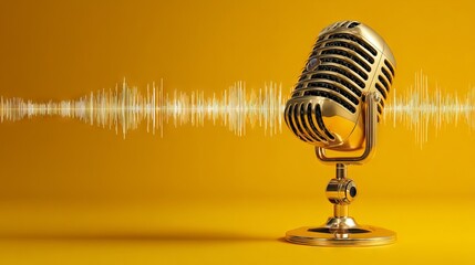 Shimmering gold condenser microphone with luminous audio waveform on bold yellow backdrop, perfect for modern podcast branding, music production, and professional voice‑over visuals